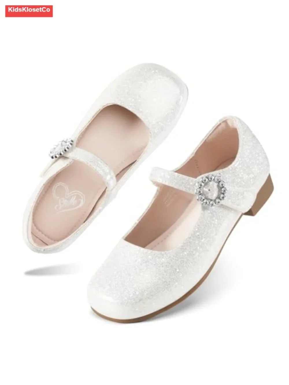 Girls Rhinestone Buckle Mary Jane Dress Shoes Hook and Loop Closure Flats